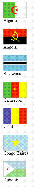 Text Box: 
Algeria

 
Angola

 
Botswana

 
Cameroon

 
Chad

 Congo(Zaire)

 
Djibouti


